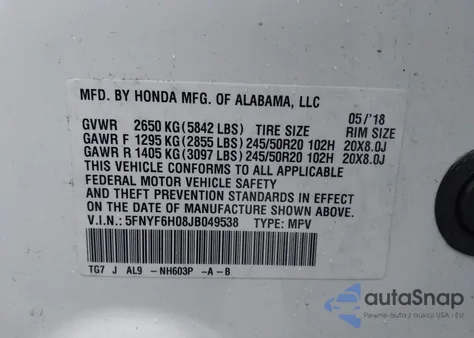 2018 Honda Pilot Elite from USA, damaged, VIN 5FNYF6H08JB049538
